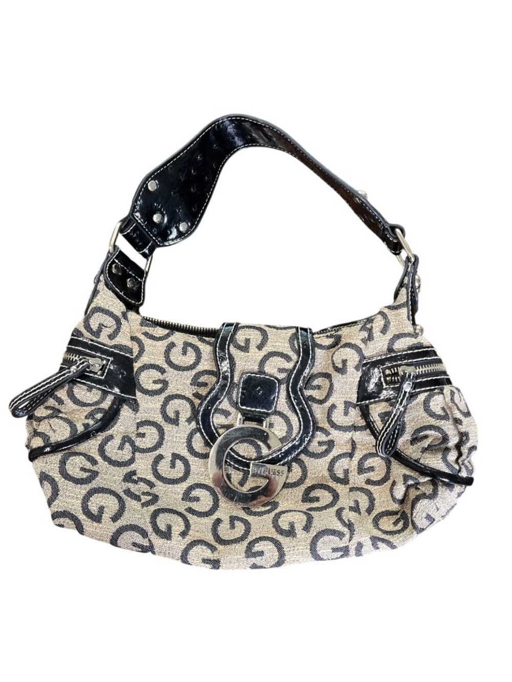 Vtg Guess Shoulder Bag Y2K Logo Canvas Faux-Ostrich-Leather Silver G Buckle